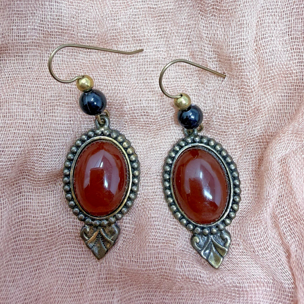 Vintage Southwestern Style Dangle Earrings Carnelian Glass Cabochon 1.5”